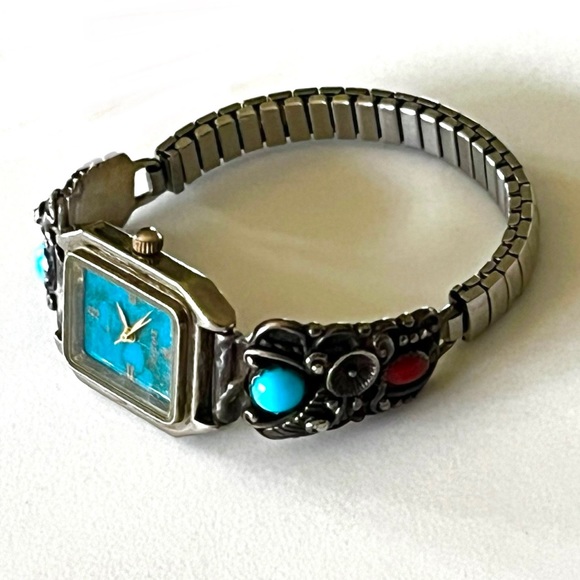 Signed, Navajo Vintage Turquoise Coral Sterling Silver Watch Tips - Picture 3 of 6